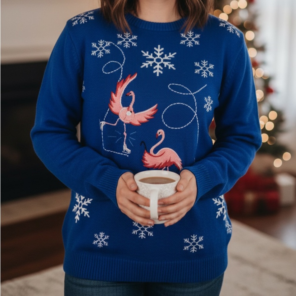 Whimsical winter fairy Flamingo Sweater‎ granny core. Size XL Ladies